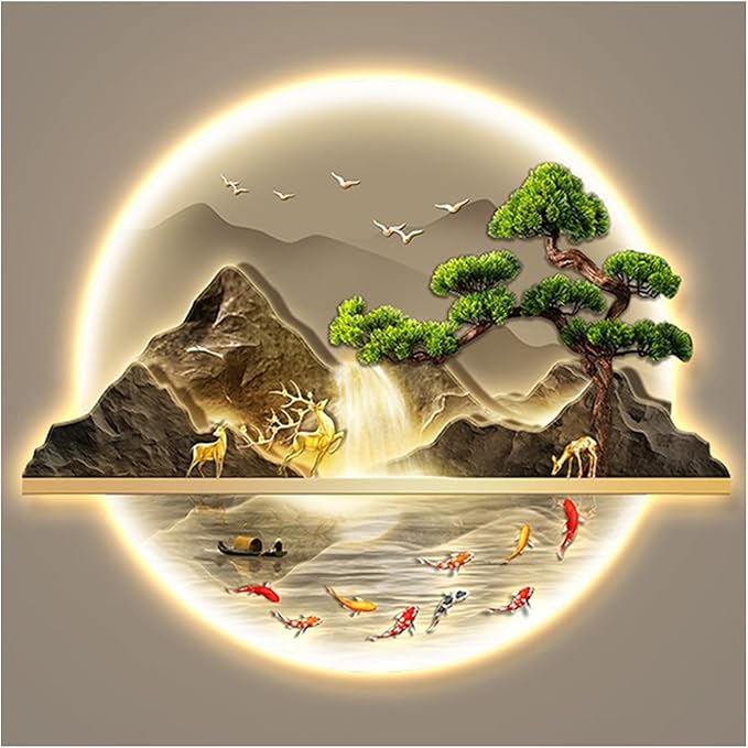 Wall Art Decor, 3D Wall Sculptures Painting Hanging Wall Art With Led Light, Decorative Wall Mounted Lamp, Oriental Decor Traditional Chinese Wall Hanging Painting，Home Entrance corridor, 84*70cm
