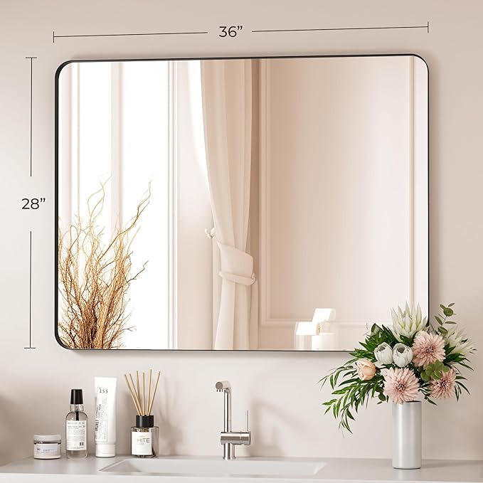Black Bathroom Mirror 28X36 Inch Bathroom Vanity Mirror for Wall, Metal Frame Large Mirror, Tempered Glass, Modern Wall Mirror for Bathroom, Farmhouse, Horizontally or Vertically Hanging