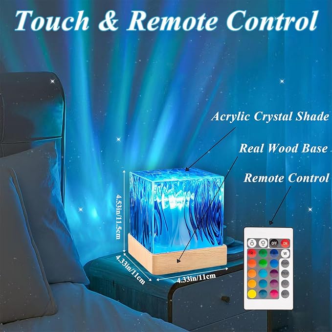 Northern Lights Projector Touch,16 Colors Changing Light Dimmable Mood Lighting, Cube Aurora Glow Lamps with Dynamic Ripple Effect, Remote Galaxy Light Projector for Bedroom Playroom Kids Teens Gifts