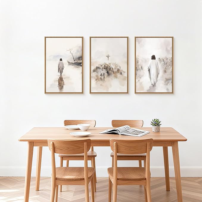 Jesus Walking on Water Canvas Wall Art,Boho Jesus Crucified Framed Wall Decor,Religious Christian Artwork,Holy Gathering Art Print for Living Room,Bedroom,Office-16 x24 x3