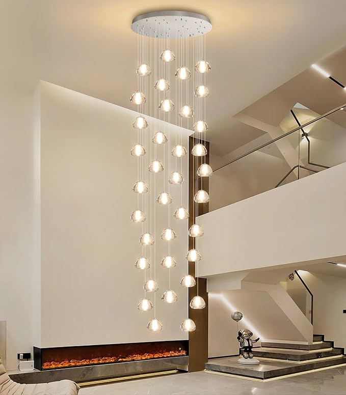 36 Light 216'' Long Large Crystal Chandeliers LED Chandeliers for High Ceiling Handing Light Fixture for Entrance Hallway Foyer Staircase Lobby Silver