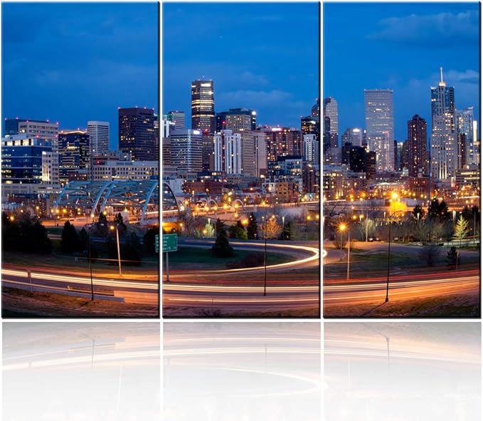 3 Pieces Wall Art Painting Denver Skyline Long Exposure at Night Pictures Prints On Canvas Cityscape The Picture Decor Oil For Home Modern Decoration Print Ready to Hang - 40‘’ x 20‘’ x 3 panels