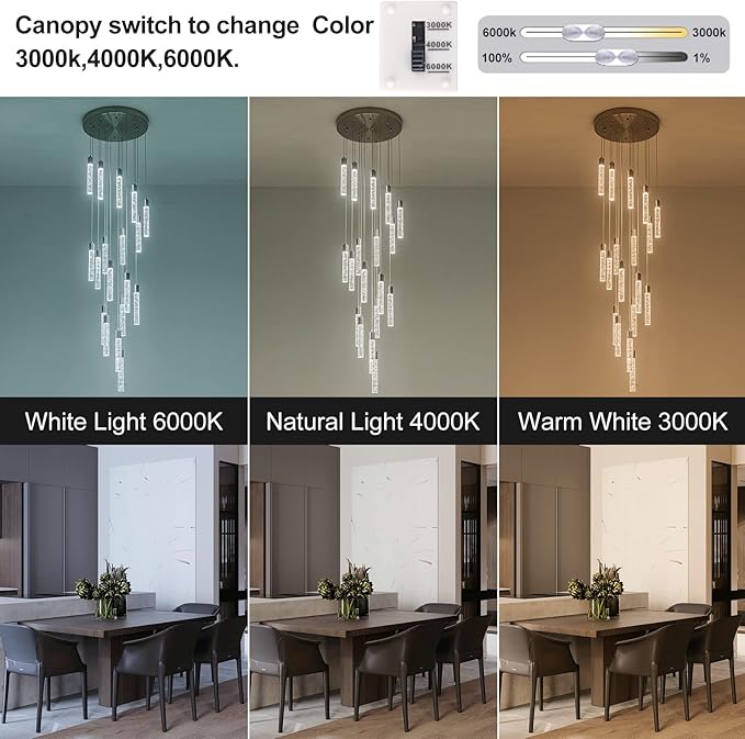 Brushed Nickel 18 Lights Large Foyer Chandeliers for High Ceilings 70 feet Long Spiral Stair Pendant Chandelier Crystal Ceiling Light Fixtures Dimmable 3000k-4000k-6000k