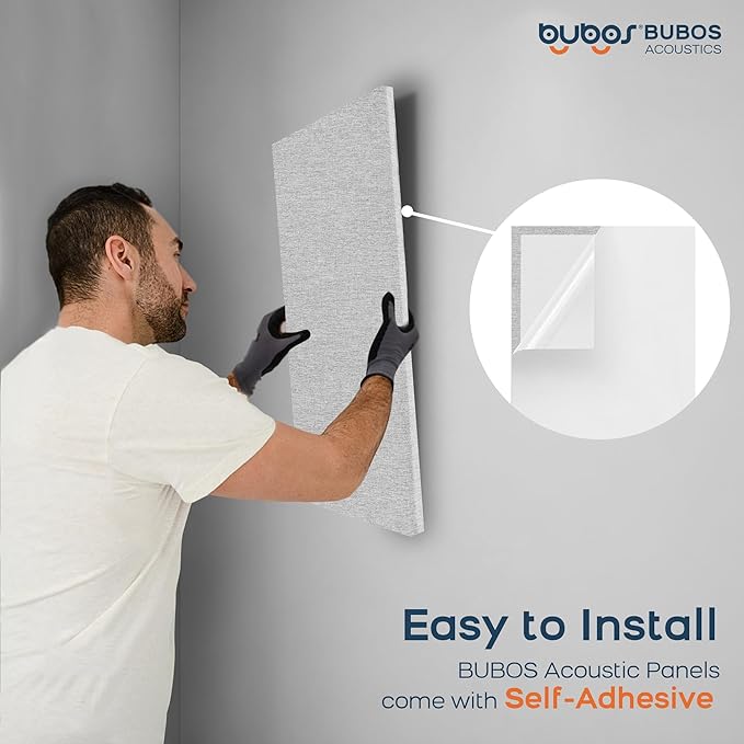 BUBOS 4 PCS Acoustic Panels,23.6''x11.8'' Fabric Soundproof Wall Panels,Self-adhesive Sound Absorbing Panels for Studios, Office, Home Theater,Fabric-Clad Grey
