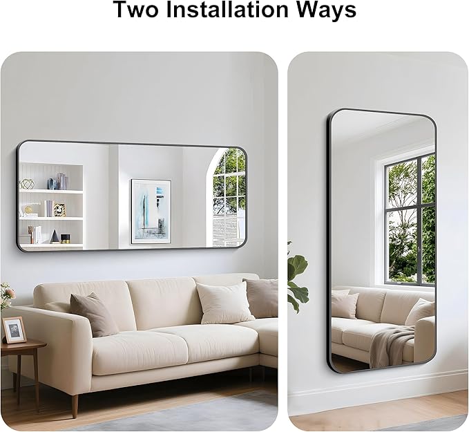 KOCUUY Black Bathroom Mirror 60"x28", Large Vanity Mirror with Rounded Corner, Metal Black Frame with Mordern Design for Bathroom, Living Room, Entryway, Hang Horizontal/Vertical