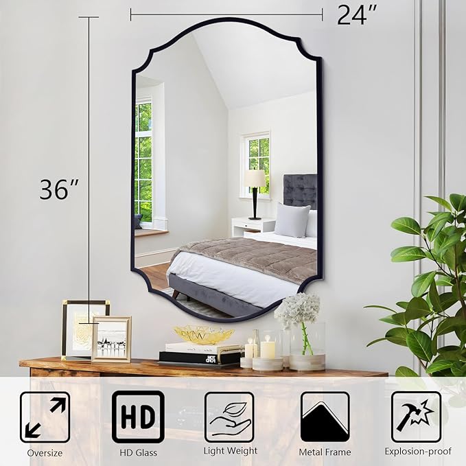 Chende Black Mirrors for Wall Decor, 36'' x 24'' Scalloped Mirror for Bathroom with Metal Frame, Large Wall Decor for Living Room, Entryway, Dining Room