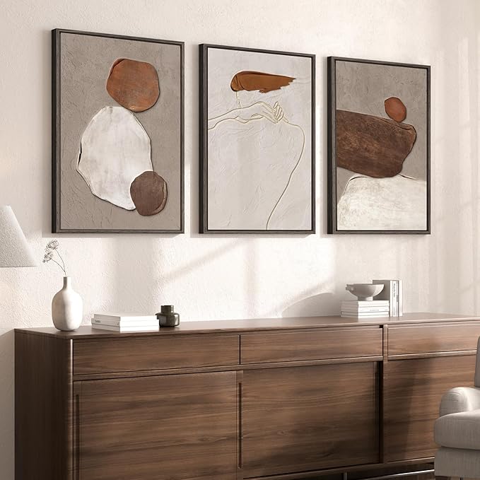 Large Framed Neutral Abstract Wall Art, 3 Piece Rustic Beige and Brown Canvas Prints Paintings Artwork for Walls, Minimalist Stone Pictures for Living Room Hallway Stair Office Wall Decor 20x30 In