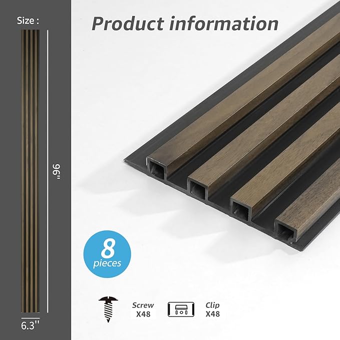 Art3d 8-Pack WPC Wood Slat Wall Panel for Interior Décor, 3D Wood Fluted Acoustic Paneling for Living Room Bedroom Home & Office Accent Wall Decor - 96 x 6 Inch Ebony