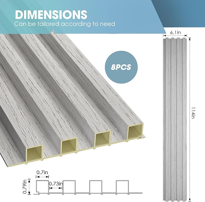 OUZUGIE WPC Acoustic Slat Wall Paneling, 8-Pack 114 x 6 Inches 3D Wall Panels for Interior Wall Decor,Living Room,TV Background,Study Room,Office Spaces,Bedroom,High Grille (Grey)