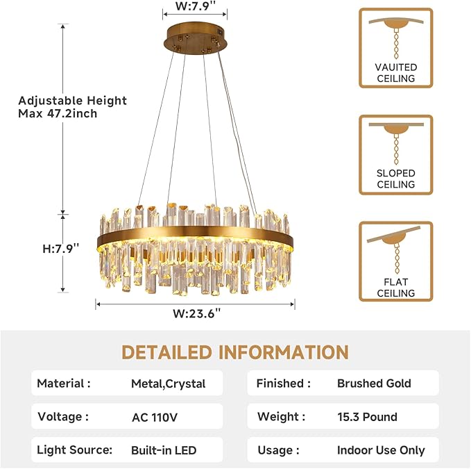 Modern Gold Crystal Led Chandelier: 23.6" Round 3 Color Dimmable K9 Luxury Crystals Chandeliers for Dining Room Lights over Table - Elegant Contemporary Living Room Bedroom Kitchen Light with Remote