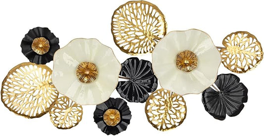 Arborus Modern Floral Metal Wall Art - Elegant Black, Gold, and White Decorative Flower Sculpture for Home & Office Décor (43.3" x 23")