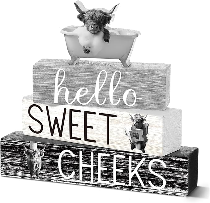 4 Pcs Funny Highland Cow Bathroom Decor Farmhouse Adult Cow Bathroom Decoration Western Hello Sweet Cheeks Table Centerpiece Christmas