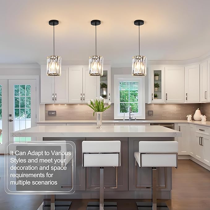 3 Pack Black Pendant Lights Kitchen Island, Kitchen Island Dining Room Light Pendant Lighting Fixtures High end Crystal Chandelier Over Island Table Modern Hanging Light for Bar Dining Room
