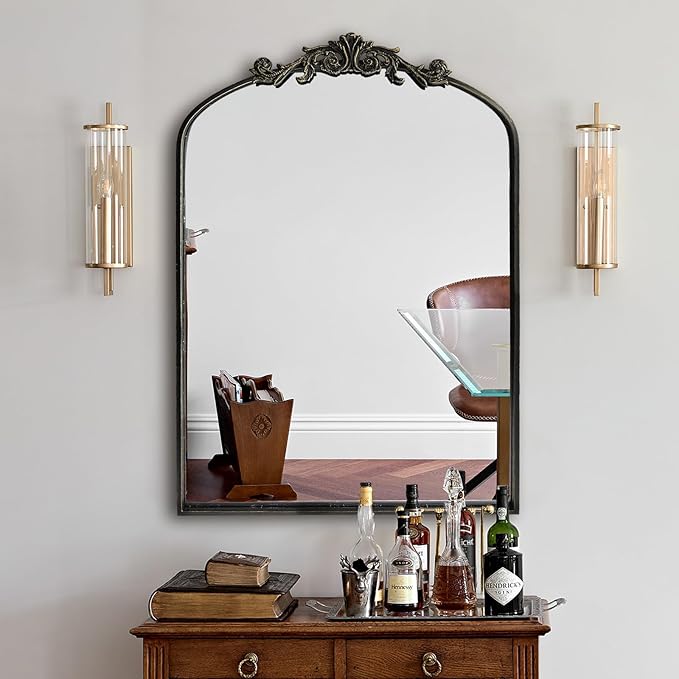 Black Ornate Mirror for Wall, Traditional Vintage Ornate Baroque Mirrors,Victorian Antique Bronze Full Matel Frame,Arched Mirror for Entryway/Bathroom/Fireplace 24"X36"