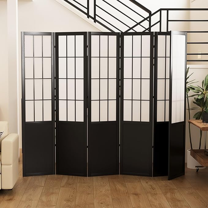 5.6FT Room Divider and Folding Portable Partition Screen, Chinese Japanese Shoji Style for Room Separation - 6 Panel (Black)