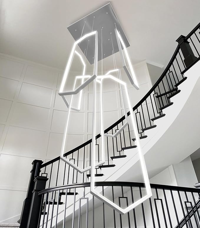 6 Rings Sliver Modern Large Chandelier Dimmable LED High Ceiling Chandelier for Living Room Foyer Modern Hanging Ceiling Light