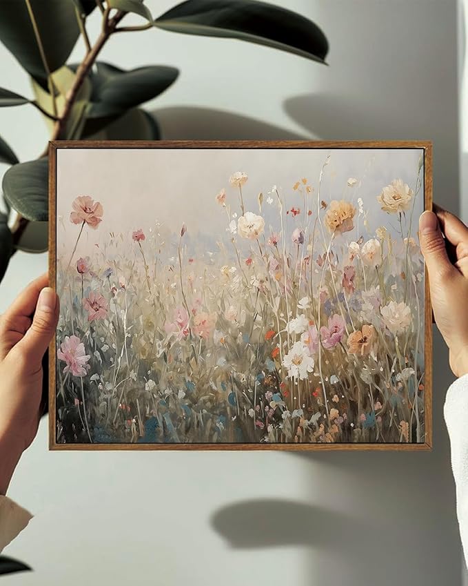 KISSFOX Vintage Summer Wildflower Framed Wall Art Flower Landscape Canvas Art Rustic Country Paintings Art Prints Modern Farmhouse Pictures Wall Decor For Kitchen Bedroom