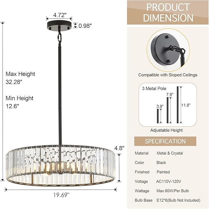 Modern Crystal Black Chandelier for Dining Room,19.7 inch Semi Flush Mount Ceiling Dining Room Light Fixture with E12 Base*6,Round Pendant Lighting for Bedroom Hallway Bathroom Foyer Kitchen