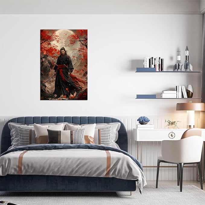 Oriental Samurai Wall Art Black and Red Warrior Wall Decor Canvas Prints Warrior Figure Pictures Bushido Posters Artwork Framed for Living Room Bathroom Bedroom Office (18''W x 24''H)