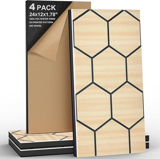 4Pack Acoustic Wall Panel Self-Adhesive Soundproof Foam Panels for Wall, 3D Perforated Tri-Layer Polyester Fiber Decorative Acoustic Insulation for Recording Studio, Office, Home, 24×12×1.78", Hexagon