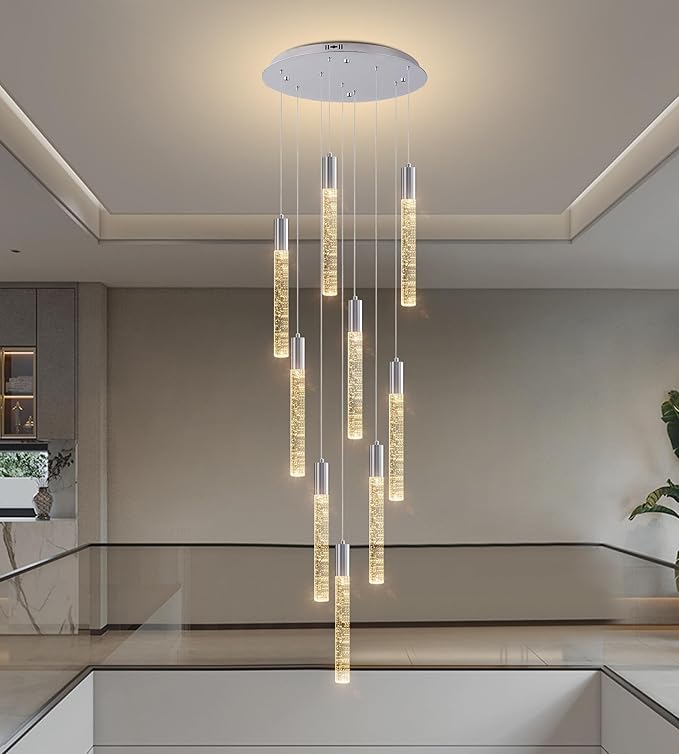 9-Lights High Ceiling Crystal Chandelier, Modern LED Raindrop Pendant Light Fixture 79" H Flush Mount Chandelier Chrome for Foyer Staircase Living Room