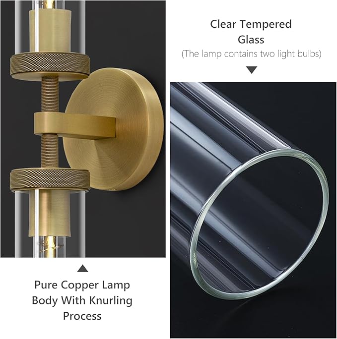 30" Bathroom Wall Sconce, Brass Wall Sconces Hardwired, Gold Wall Sconce Dimmable, Knurled Linear Sconces Wall Lighting with Glass Tube, Vanity Light for Bathroom, Living Room, Bedroom