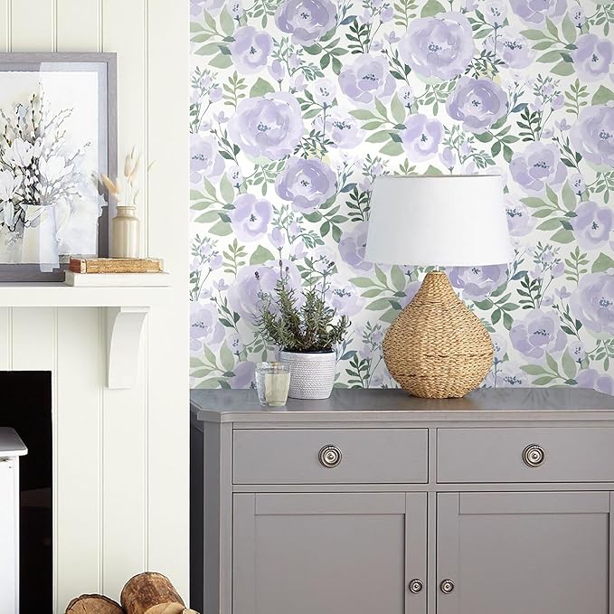 Orainege Floral Wallpaper Peel and Stick Wallpaper Floral Contact Paper 16.9in x196.8in Boho Peony Self Adhesive Removable Wall Paper for Bedroom Decor Vinyl, Purple