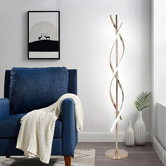 LED Modern Floor Lamp for Living Room, 40W 3 Colors Stepless Dimmable and Color-Changing Bright Floor Standing Lamp,60" Unique Spiral Floor Tall Lamp for Bedroom Office with Remote,Gold