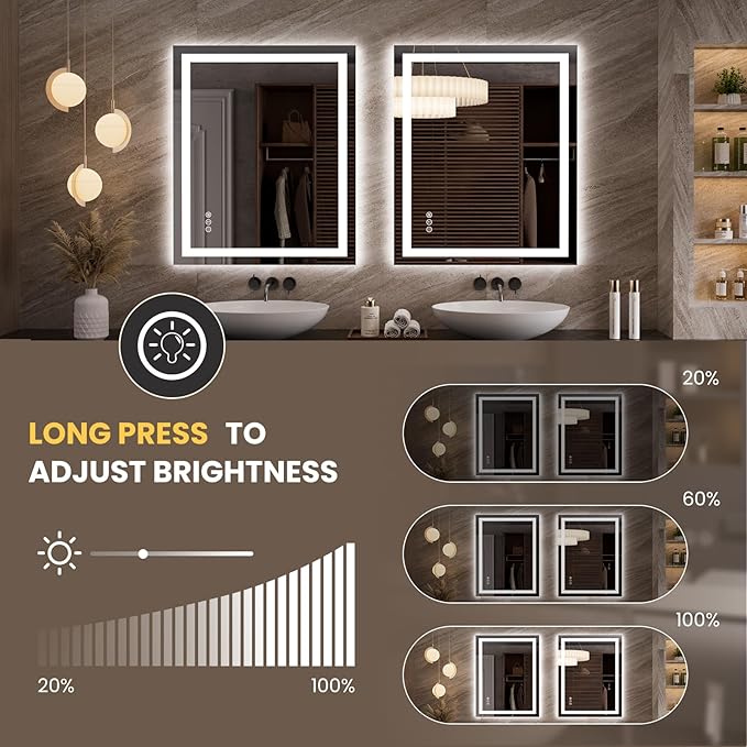 LOAAO 35.4"x29.9" LED Mirror for Bathroom, Lighted Bathroom Mirror with Lights, Anti-Fog, Dimmable, Memory Function, Easy to Install, Clear Reflection