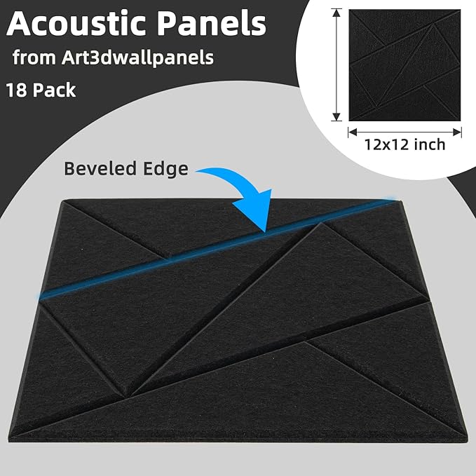 Art3dwallpanels 18 Pack Acoustic Panels 12" X 12" Soundproof Wall Panels Sound Dampening, 3D Self Adhesive Wall Decor Peel and Stick Absorbing Panels, Black