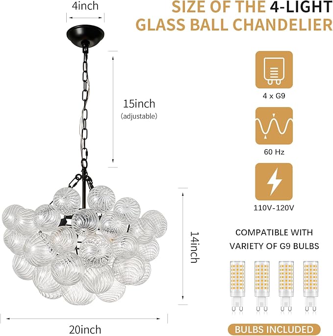 Nordic Bubble Ball Swirled Modern Chandelier,Dia 20 Inch Bubble Chandelier Lighting, Black and Clear Glass Chandelier,for Bedroom Study Restaurant