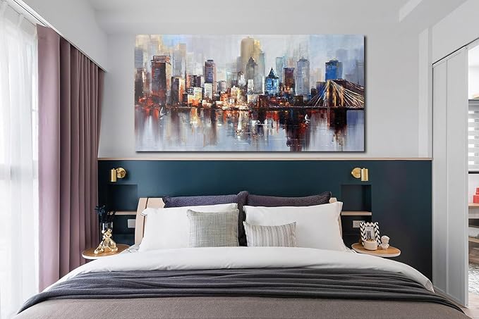 Arjun Brooklyn Bridge Wall Art for Living Room, Modern New York City Abstract Cityscape Canvas Painting, NYC Skyline Textured Picture Bedroom Artwork Home Office Wall Decor Extra Large Framed 58"x29"