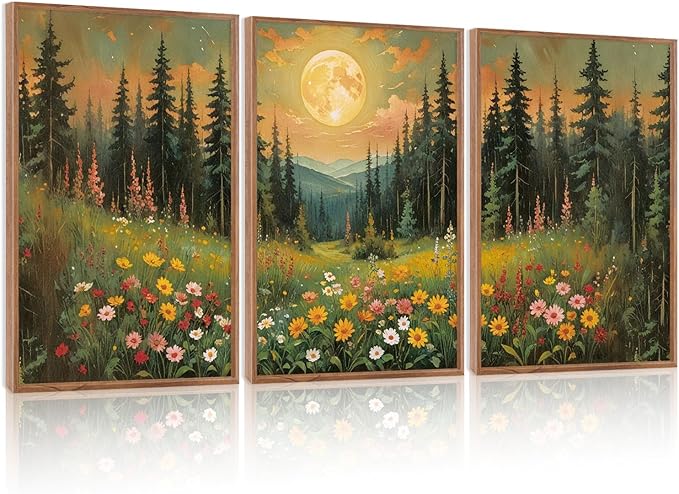 CHDITB Moonlit Forest Floral Framed Canvas Wall Art Set, Nature Inspired Wall Decor, Mystical Midnight Spiritual Wall Painting, Vintage Mountain Landscape Art Prints for Living Room, Bedroom, 16"x24"