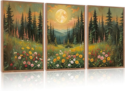 CHDITB Moonlit Forest Floral Framed Canvas Wall Art Set, Nature Inspired Wall Decor, Mystical Midnight Spiritual Wall Painting, Vintage Mountain Landscape Art Prints for Living Room, Bedroom, 16"x24"