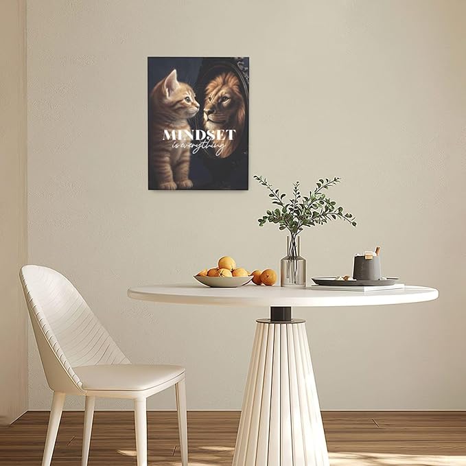 Motivational Lion And Cat Wall Art For Kids Mindset Is Everything Nursery Canvas Wall Decor Inspirational Pictures Paintings Prints Artwork Framed Decorations For Children's Room Bathroom Bedroom Living Room Office Gifts 12" x 16"
