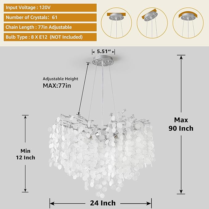 24-Inch Modern Coastal Chandelier, 8-Light Capiz Shell Chandelier for Dining Room, Silver Crystal Light Fixtures for Bedroom Living Room Foyer Kitchen Island Entryway Stairwell, E12
