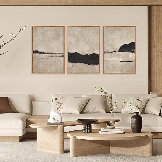 Large Abstract Black and Tan Framed Canvas Wall Art,Vintage Minimalist Wall Decor,Neutral Brush Stroke Artwork,Modern Textured Art Print for Living Room,Bedroom,Office- 16"x24"x3