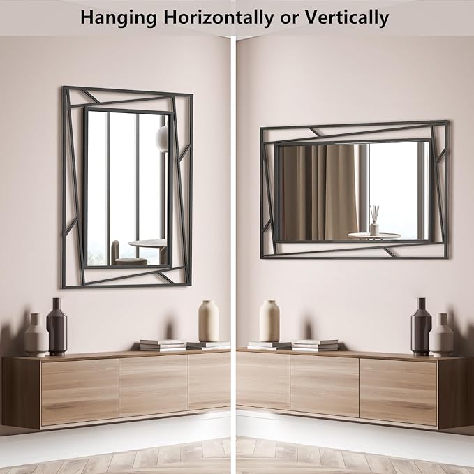 Black Bathroom Mirror for Wall 28''X20'' Matte Black Rectangle Wall Mirror with Geometric Metal Frame, Anti-Rust, Hang Horizontally or Vertically