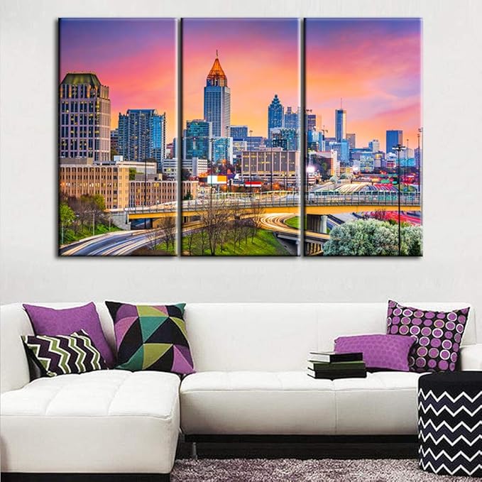 Modern Art Work Urban Office Buildings Pictures for Living Room 3 Piece Canvas Wall Art Atlanta, Georgia Skyline Painting Cityscape Home Decor Artwork Framed Stretched Ready to Hang - 40‘’x20‘’x3