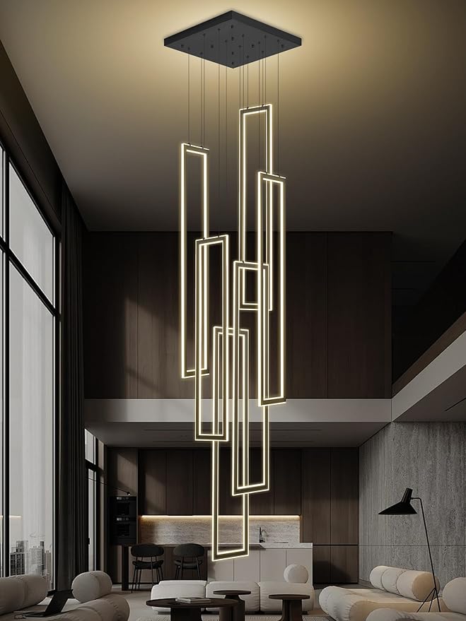 6-Rings Modern Chandelier,H138 Rectangle Chandeliers for Staircase,LED Dimmable High Ceiling Chandeliers Large Contemporary Chandelier for Villa Foyer Black