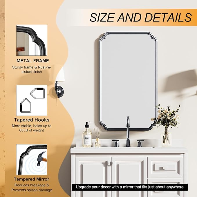 26"x40" Rustproof Bathroom Mirror Black, Round Corner Metal Frame Wall Mirror, Horizontal/Vertical Hanging Over Sink, Bedroom Bathroom Decor