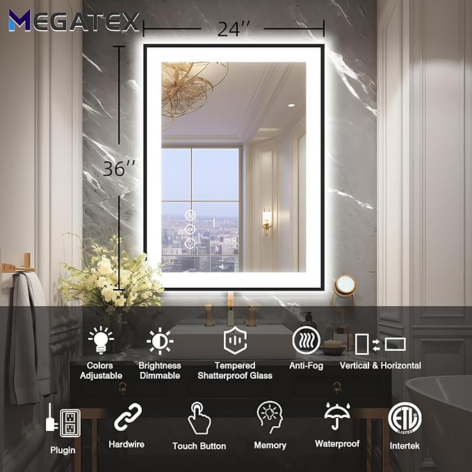 24x36 Bathroom LED Mirror, Black Aluminum Edge Lighted Mirror, 3 Colors Stepless Dimmable Vanity Mirror, Skincare, Anti-Fog, Shatter-Proof, ETL Listed, Memory Smart Mirror(Horizontal/Vertical)
