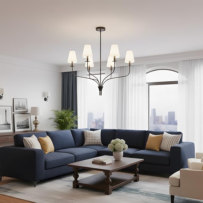 30" Modern Black Chandelier for Dining Room - 6-Light Pendant Lighting Fixture with White Fabric Shade, Mid Century Ceiling Light for Living Room Bedroom Kitchen Island, E12