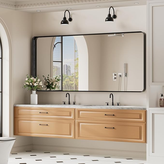 Koonmi Black Bathroom Mirror for Wall, 30x71 Inch Matte Metal Deep Framed Rounded Corner Wall Mirror, Shatterproof Tempered Glass for Farmhouse Bedroom Entryway, Vertically or Horizontally