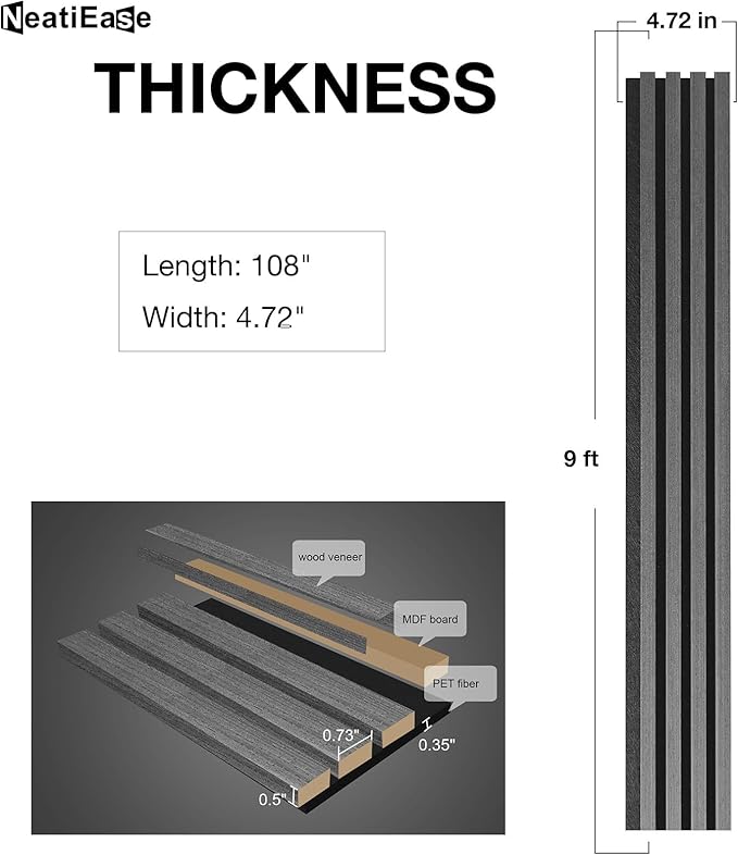 NeatiEase Wood Wall Panels, 9 Feet Acoustic Slat Wall Panels for Interior Wall Decor and Noise Reduction, Decorative Slat Wall Paneling, Dark Gray Oak, 4-Piece