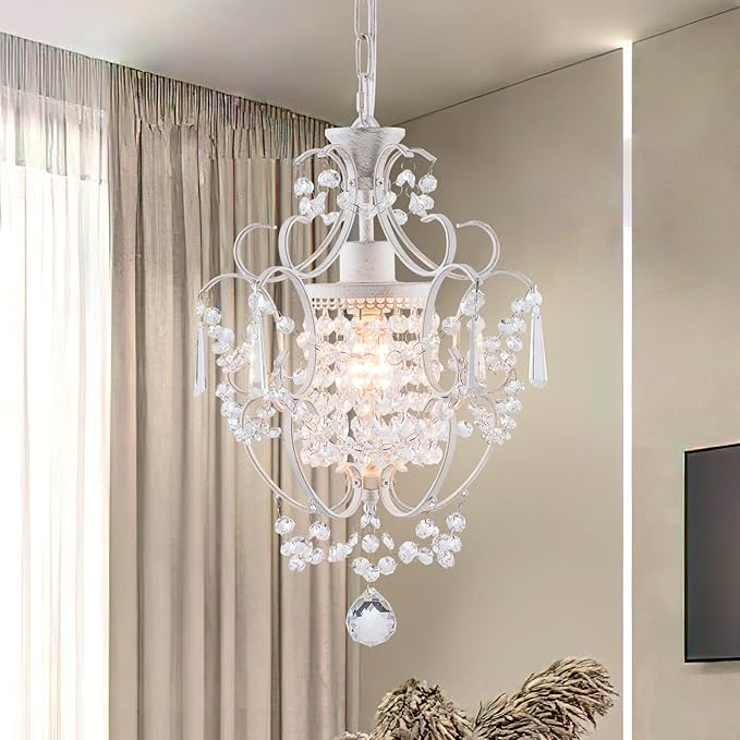 Modern Mini Chandelier,White Retro Crystal Light Fixtures Ceiling Mount 1 Light Small Crystal Chandeliers for Bedroom Elegant Hanging Lighting for Girls Room Dining Room Closet Kitchen Island