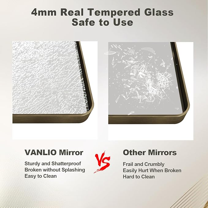 24x36 Inch Bronze Framed Bathroom Mirror, Rectangle Brushed Bronze Metal Vanity Mirror, Small Modern Wall Mirror, Rounded Corner, Tempered Glass, Anti-Rust, Shatterproof (Horizontal/Vertical)