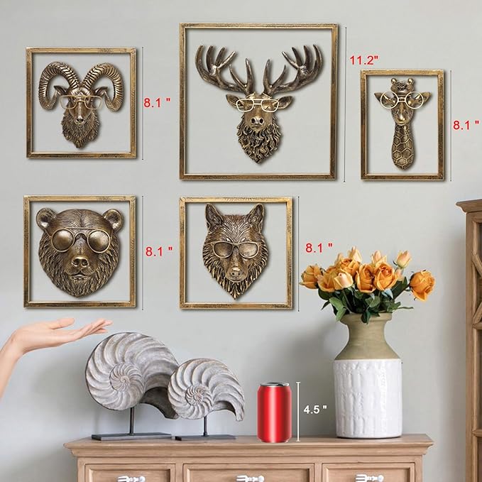 JJALIGHTS Animal Heads Wall Decor (Includes Metal Frame) Resin Animals Sculptures Head Wall Hanging Decoration Imitation Copper vintage Wall Sculpture for Living Room Bedroom Office (Bear)