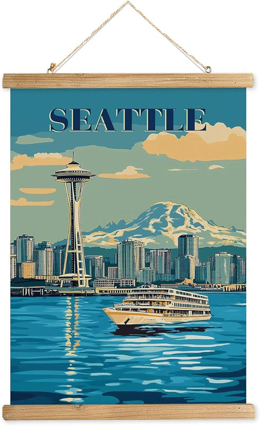 WREVERW Vintage Seattle Poster Canvas Print with Wooden Hanger Frame, Space Needle and Mount Rainier Skyline Decor for Home and Office Wall Art Decor, 16x23 Inches