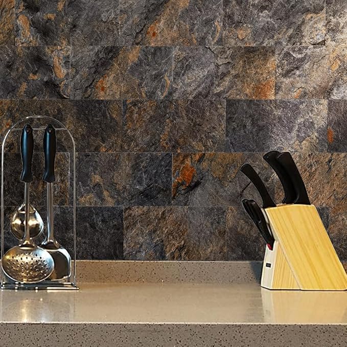 AULIGET 2-Piece Rust Slate Peel and Stick Backsplash Wall Tiles, 6" x 12" PVC Faux Stone Stick on Tiles for Backsplash Kitchen, Bathroom, Laundry Room, Camper, Fireplace